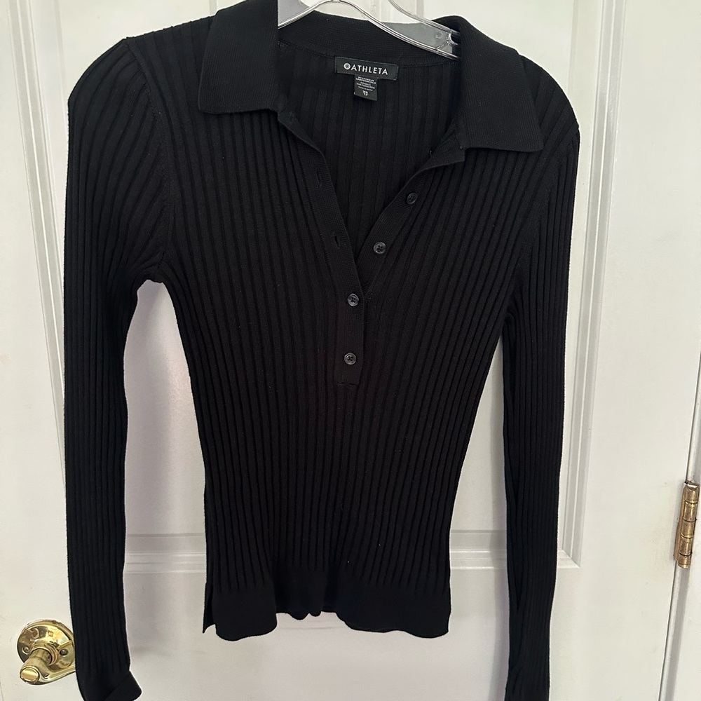 Athleta Black Ribbed Long Sleeve Button Down Shirt